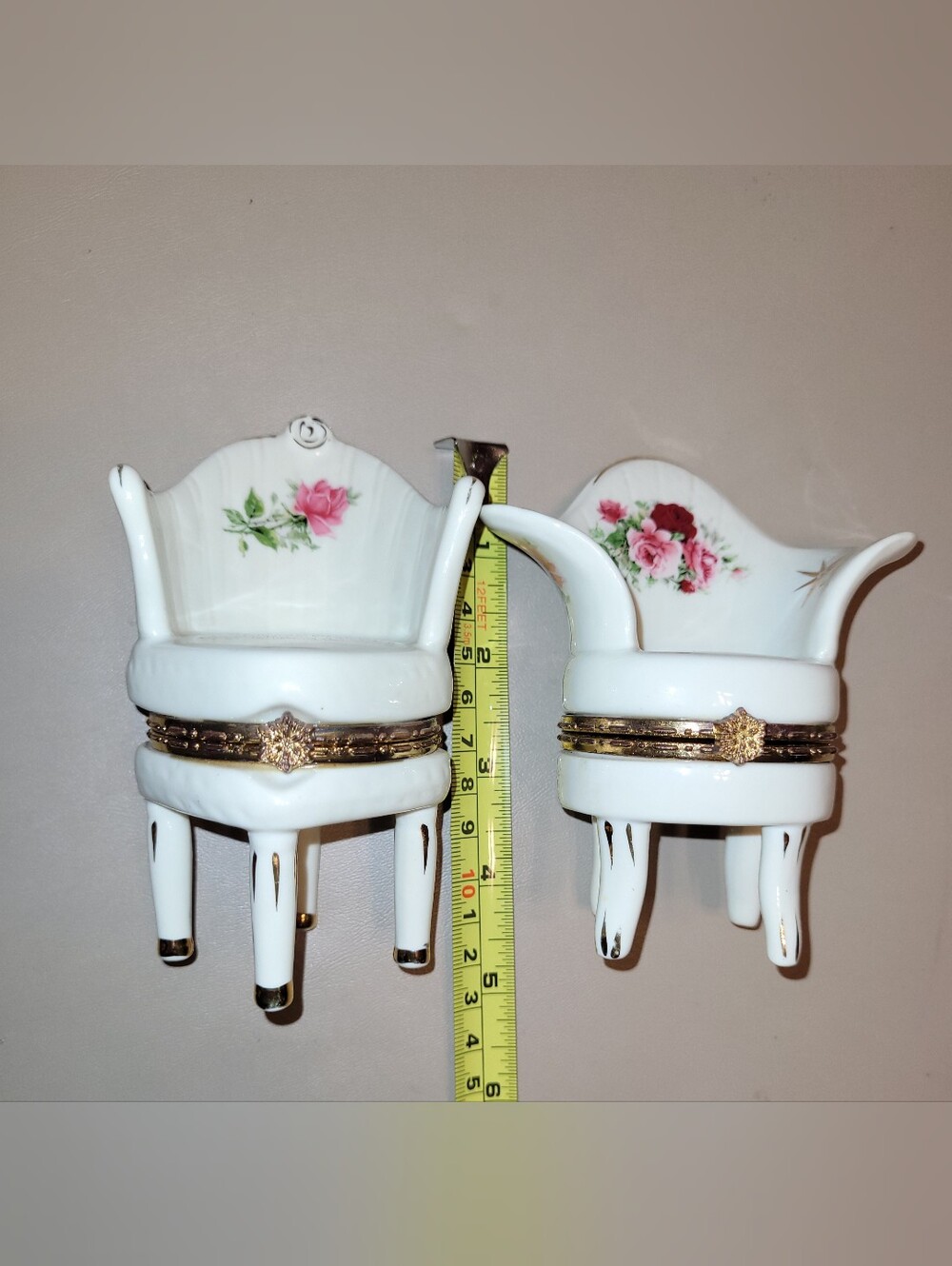 Porcelain Rose Motif Trinket Boxes with Gold Trim.